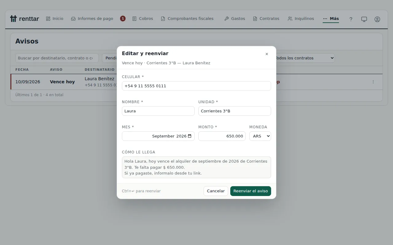 La ventana para editar y reenviar un aviso