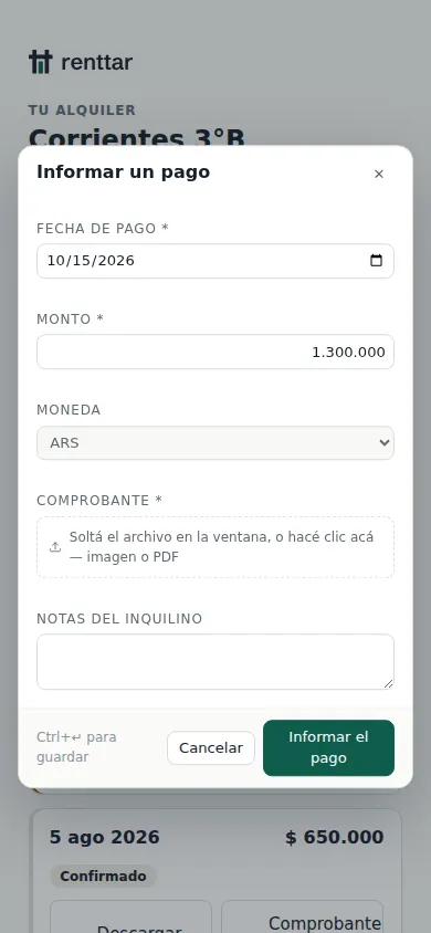 La ventana para informar un pago